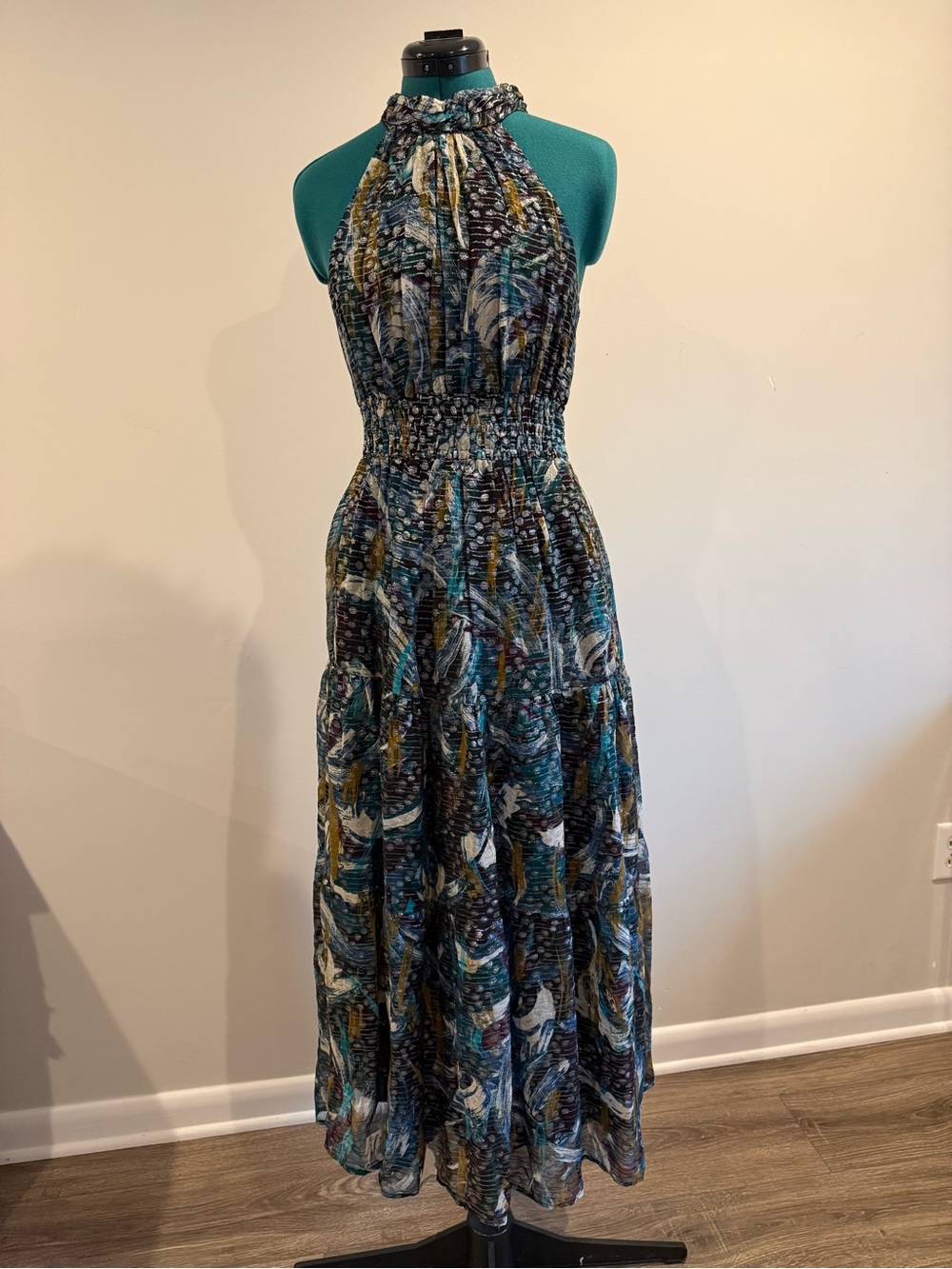 Anthropologie Teal and Mustard Printed Halter Maxi Dress